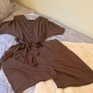 Tysa Brown V-Neck Button Front Jumpsuit with Tie Waist and Wide Legs/pockets